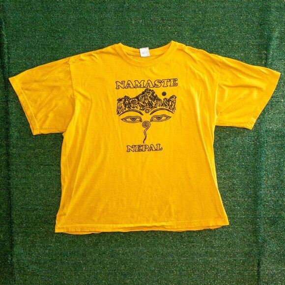 VINTAGE NEPAL NAMASTE SHANGRI-LA MENS T-SHIRT YELOW SINGLE STITCH RETRO TEE SZ L - Picture 4 of 6